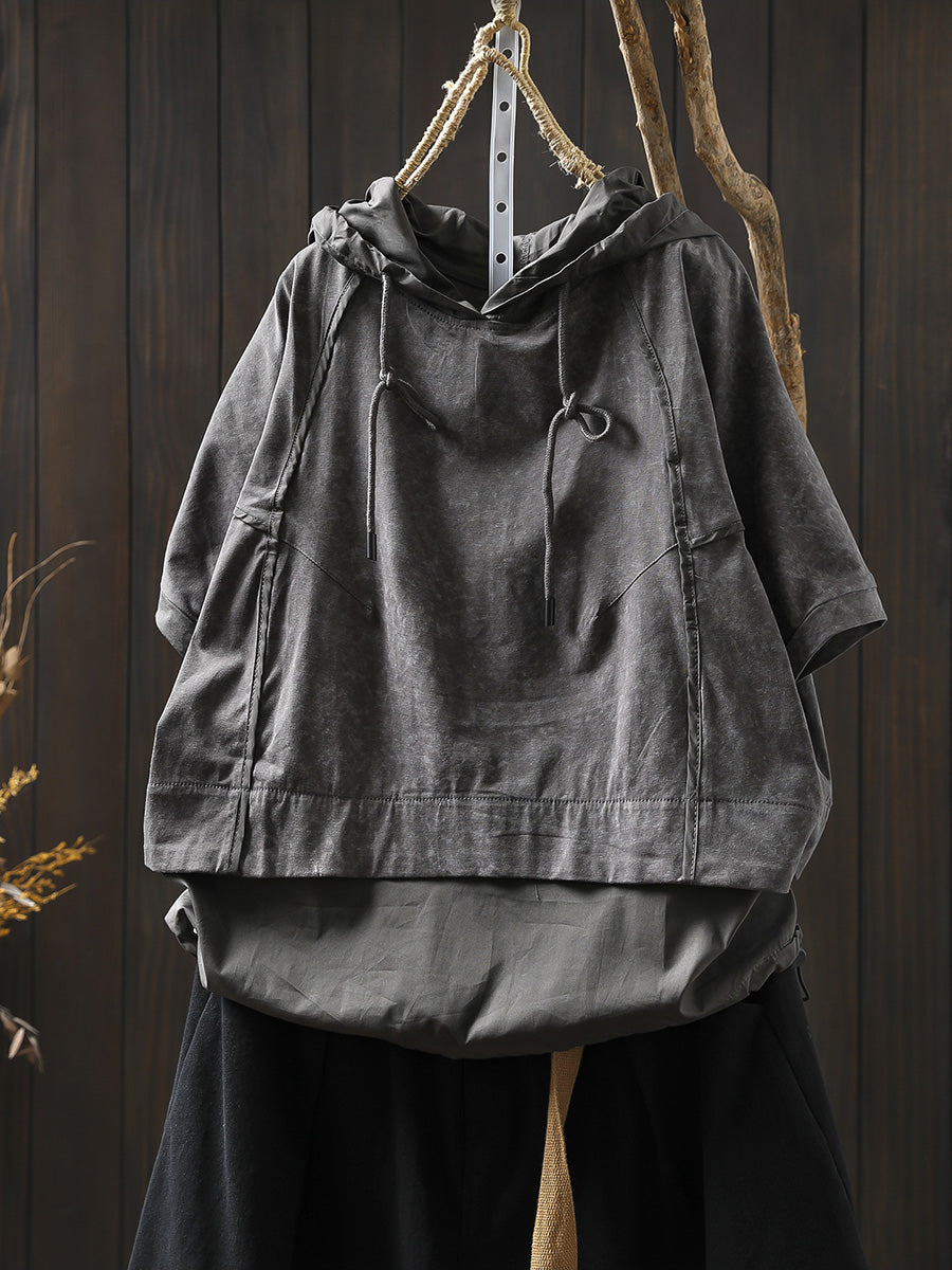 Women Summer Casual Spliced Sleeve Hooded Shirt
