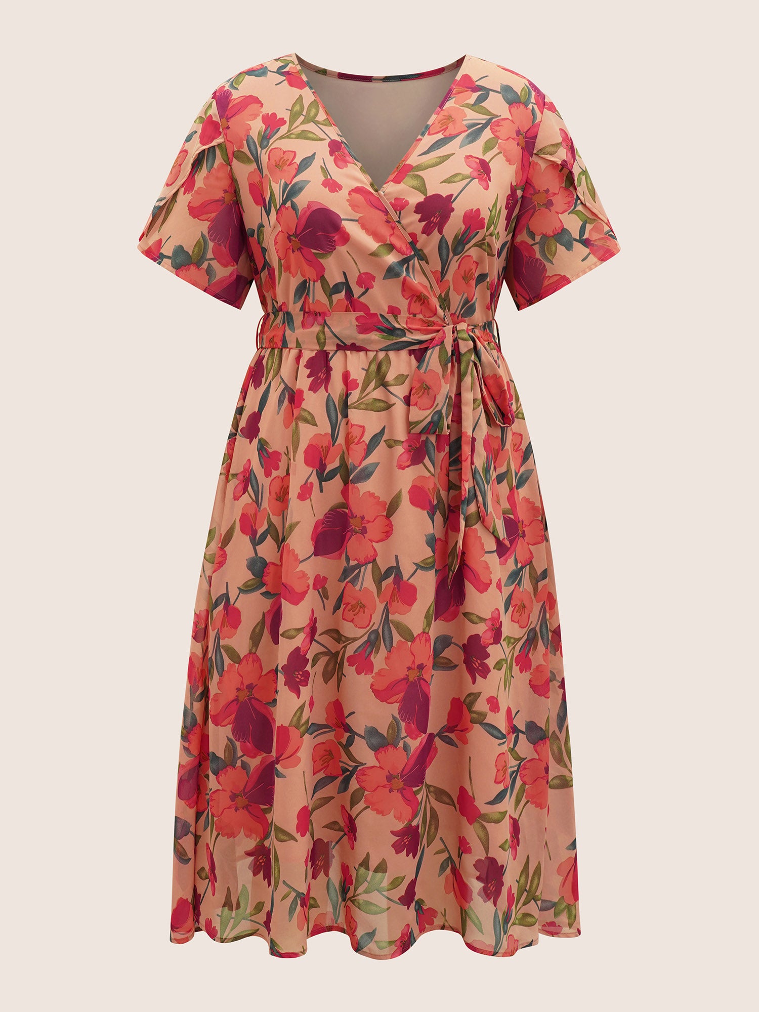 Watercolor Floral Patchwork Petal Sleeve Belted Dress