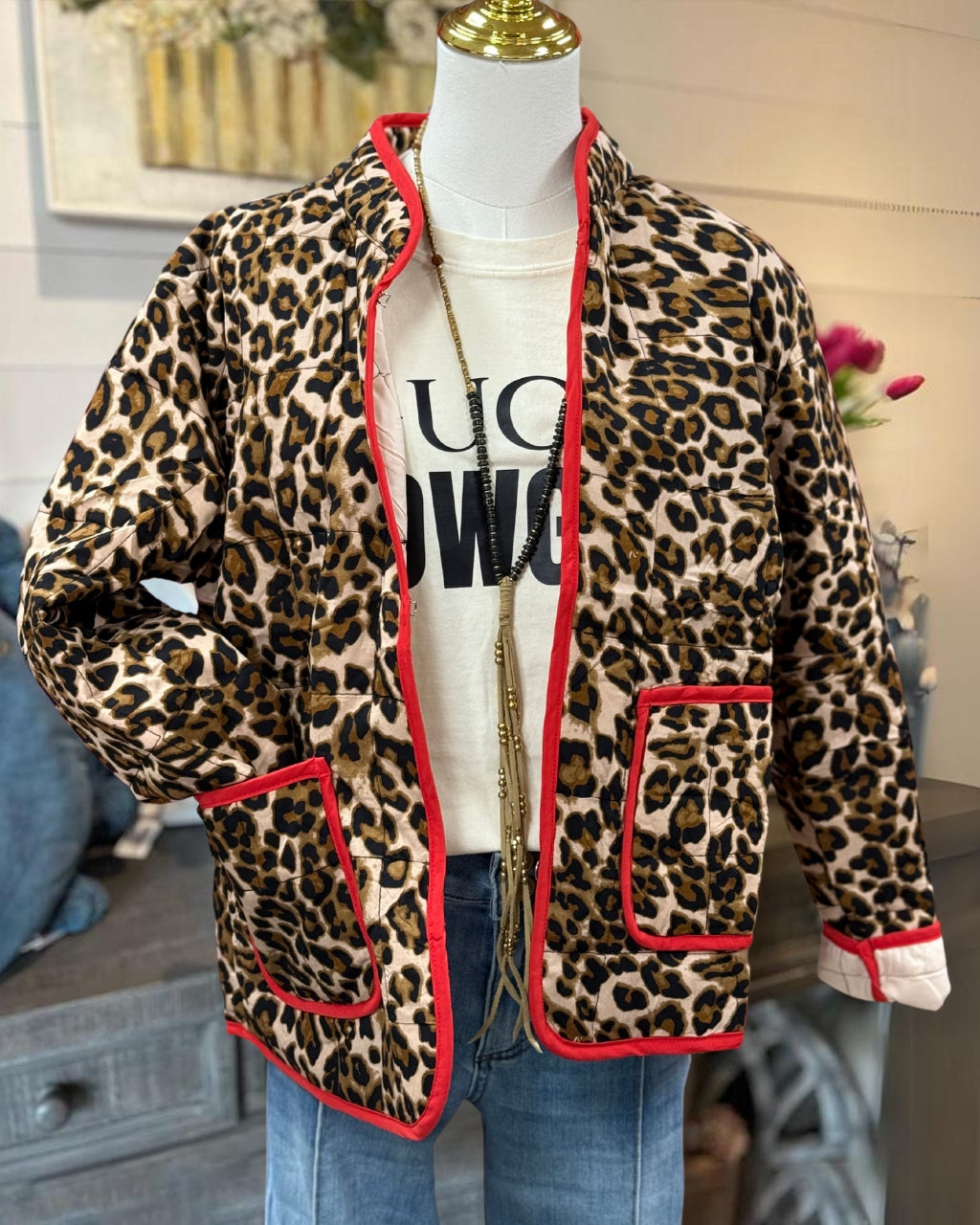 Red Piping Leopard Quilted Jacket