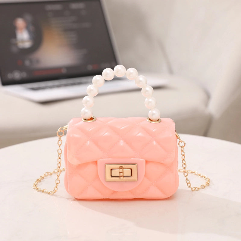 Women's PVC Solid Color Cute Beading Pearls Square Lock Clasp Crossbody Bag