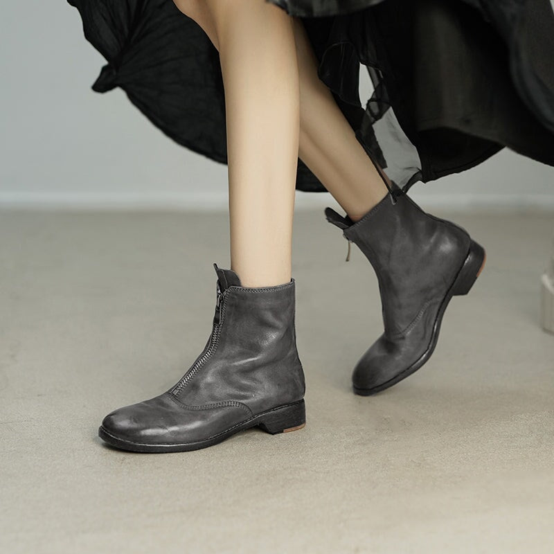 Washed Horse Leather Ankle Boots Front Zip Short Boots For Women in Black/Pink/Red/Grey