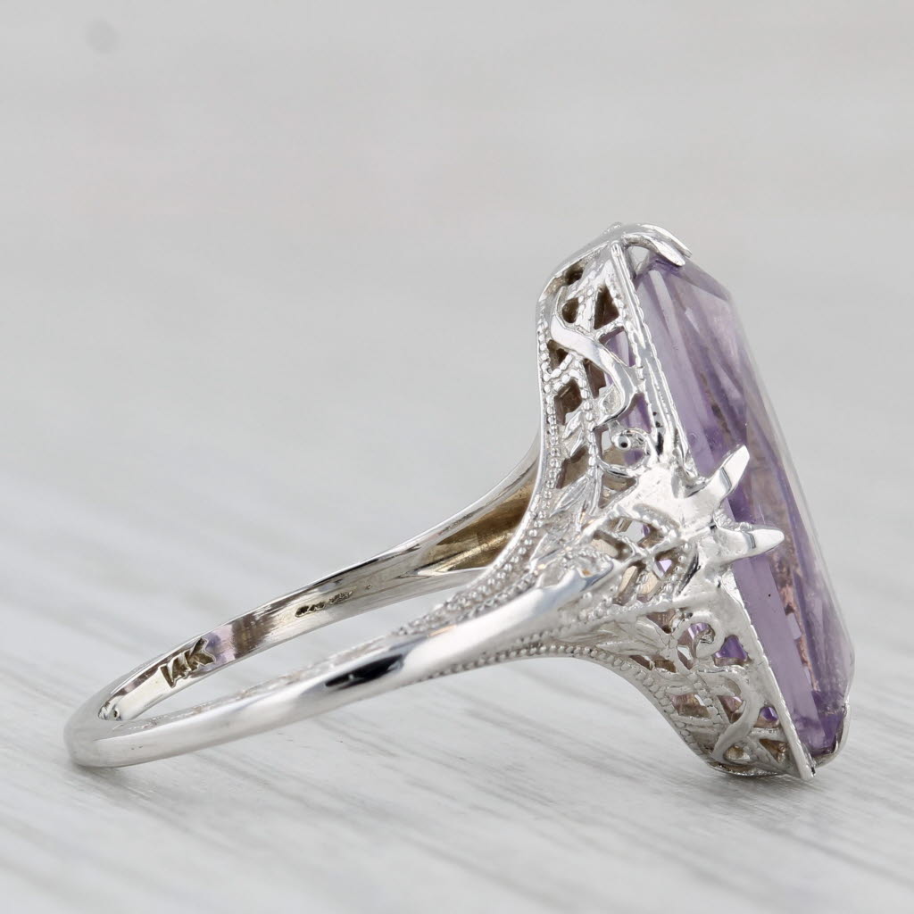 Vintage Amethyst Solitaire Ring 14k White Gold Filigree Size 6.5