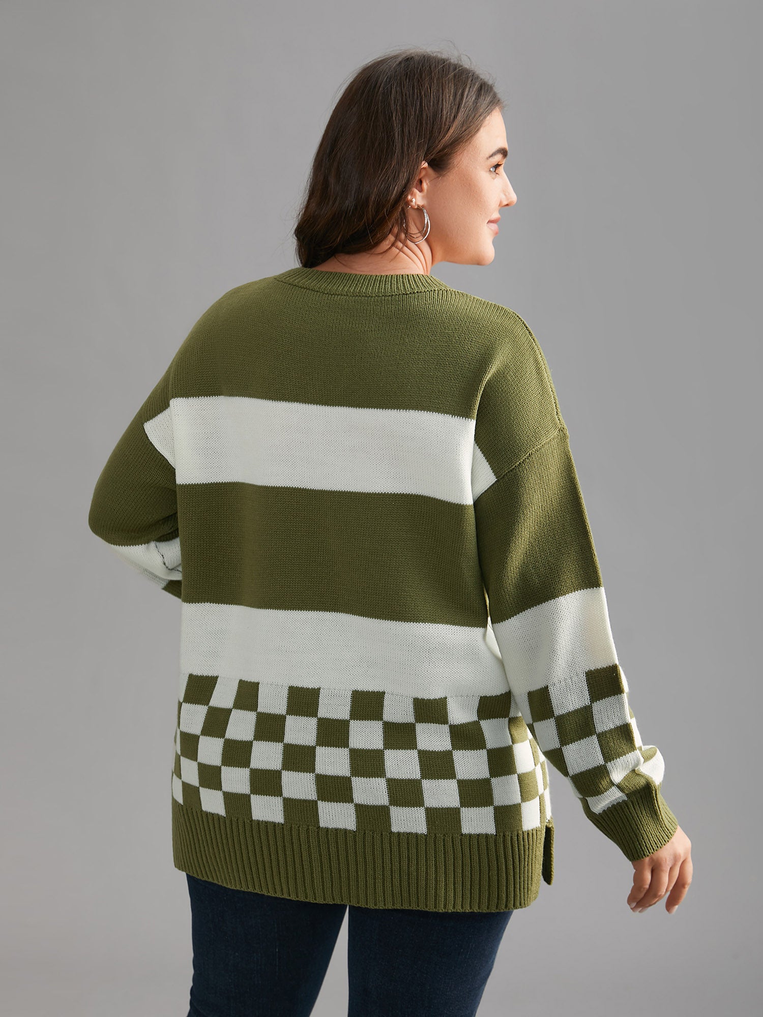 Colorblock Contrast Round Neck Split Hem Pullover