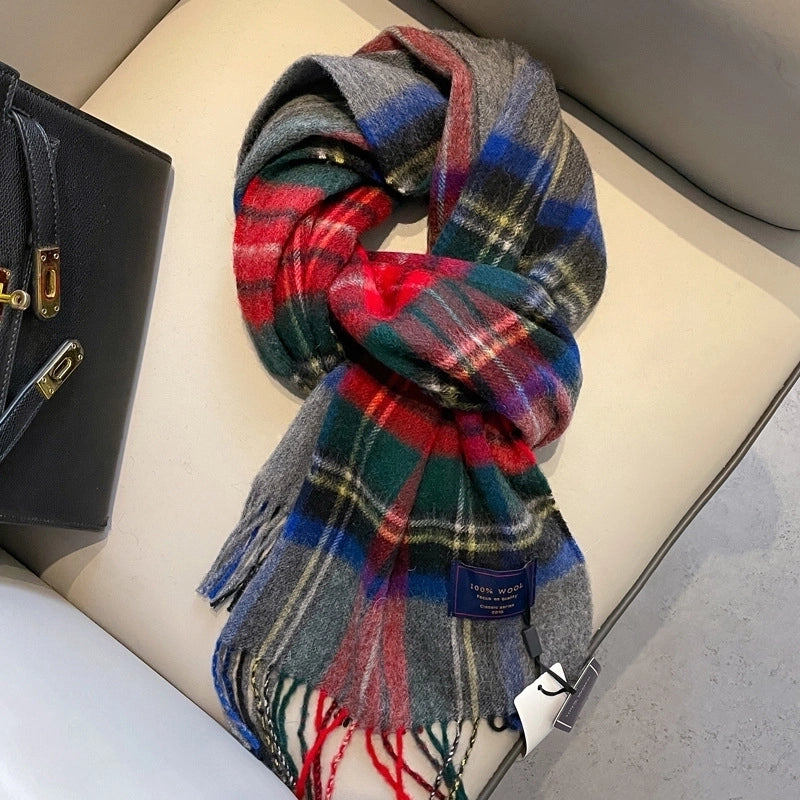 100% Wool Scarf Men's Winter Cashmere New Red Gift Box Packaging Gray Men's Plaid Scarf