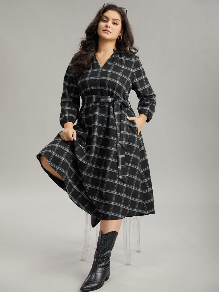 Plaid Notched Elastic Waist Belted Dress