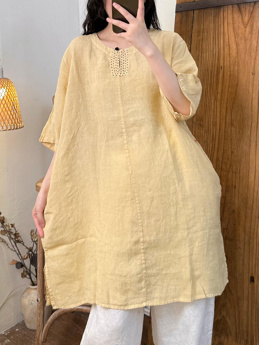 Women Summer Casual Pure Color O-Neck Hemp Shirt