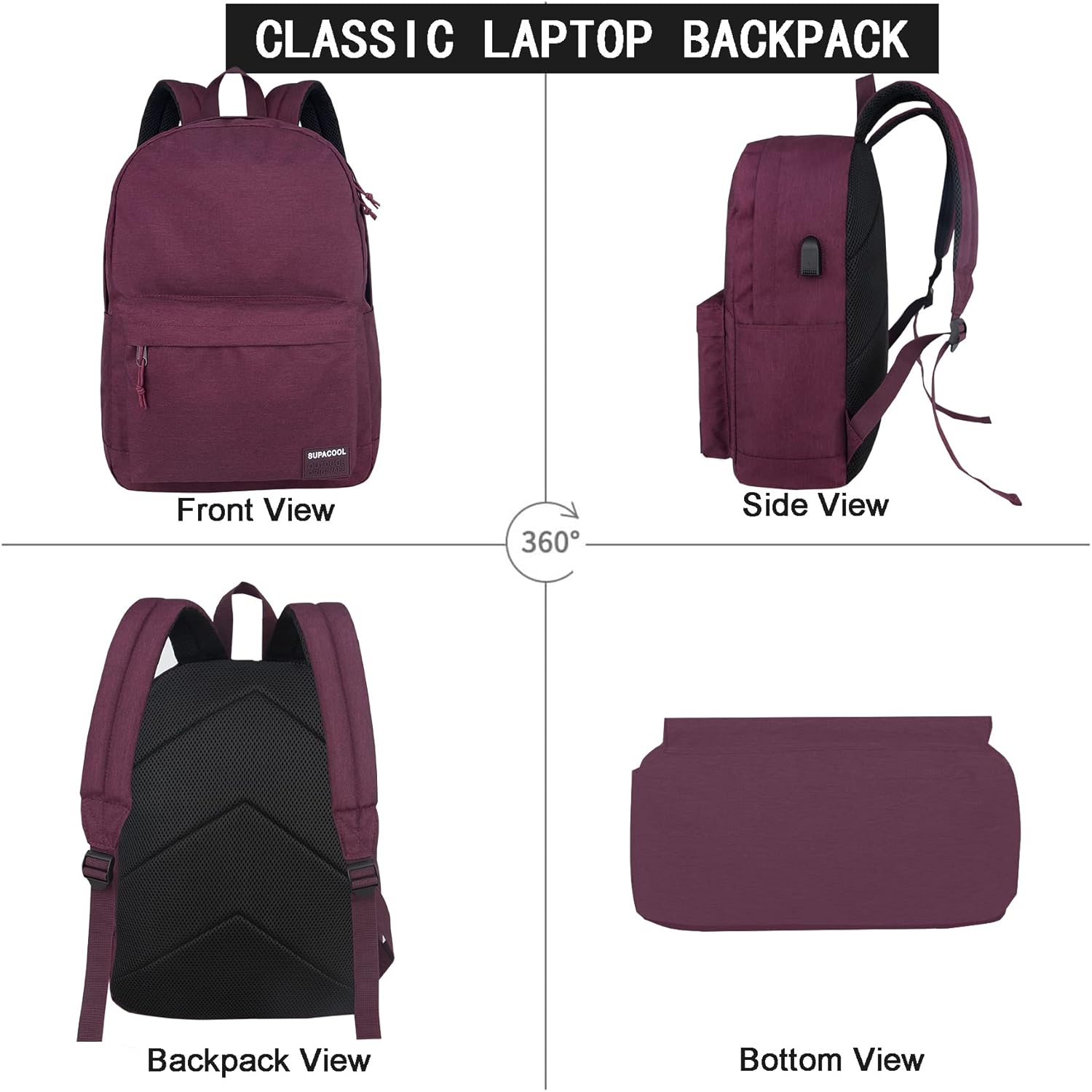 SUPACOOL Casual Laptop Backpack for Men and Women, School Backpack for Boys and Girls, College Bookbag, USB Charging Port, Lightweight Back Pack(Black)