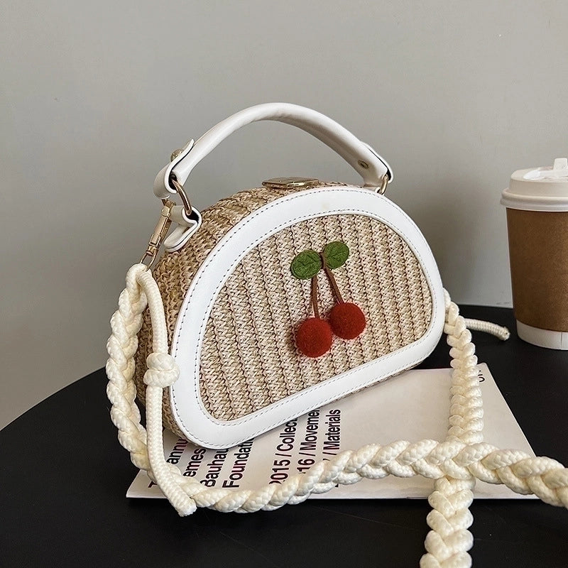 Women's Small Straw Color Block Cherry Streetwear Lock Clasp Handbag Crossbody Bag