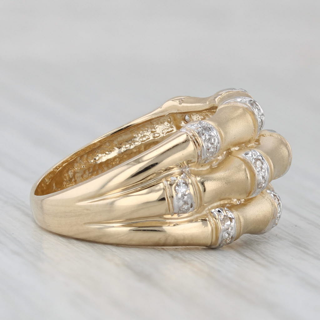 Layered Stacked Band 0.10ctw Diamond Bamboo Ring 14k Yellow Gold Size 5.75