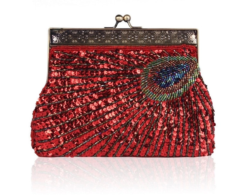 Red Purple Blue Polyester Peacock Feather Beading Sequins Pearl Embroidery Square Evening Bags