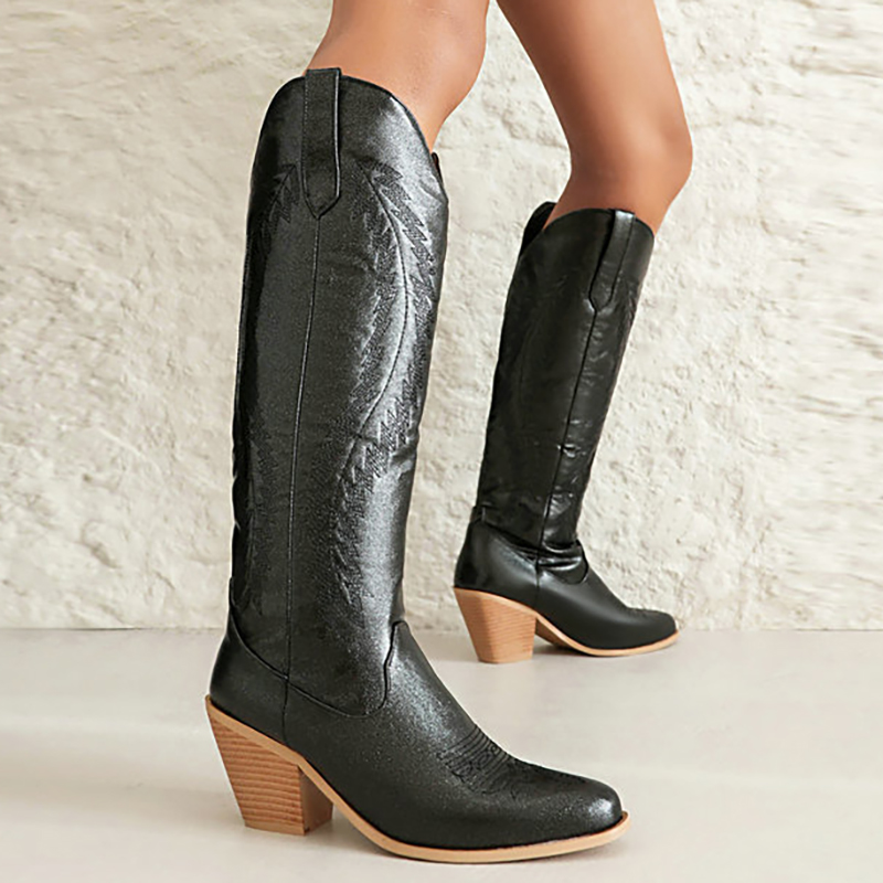 Metallic Sheen Jacquard V Groove Chunky Heels Knee High Boots