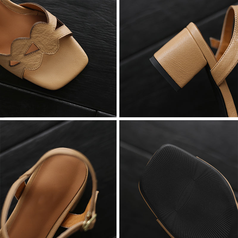 Elegant Square Toe Leather Sandals 50mm Block Heel Open Toe Pumps for Summer in Silver/Apricot/Brown