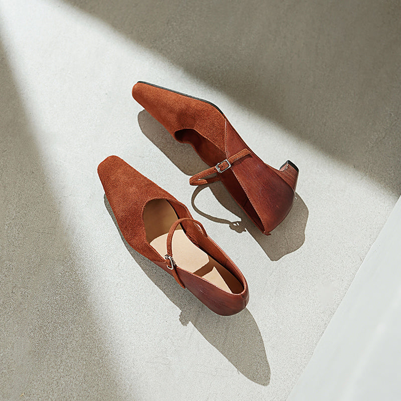 Elegant Washed Horsehide Nubuck Mary Jane Shoes Buckle Strap Causal Pumps in Red/Black/Caramel
