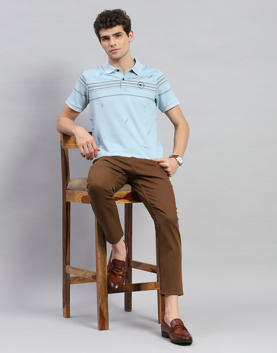 Men Sky Blue Printed Polo Collar Half Sleeve T-Shirt