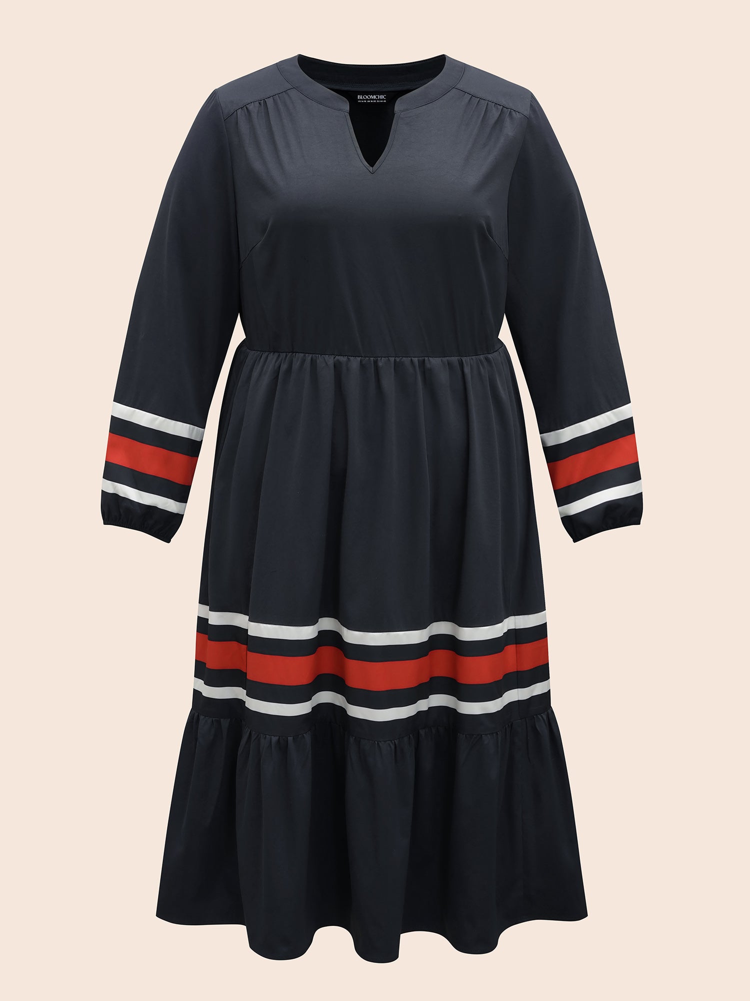 Contrast Striped Notched Ruffle Hem Dress