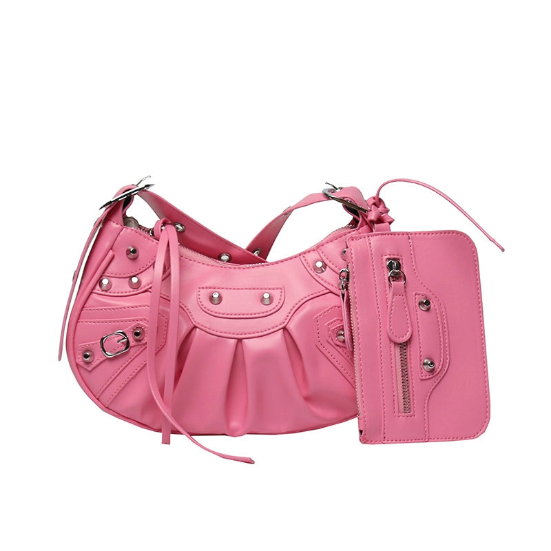 Women's Medium Summer Autumn Pu Leather Solid Color Fashion Rivet Dumpling Shape Zipper Bag Sets