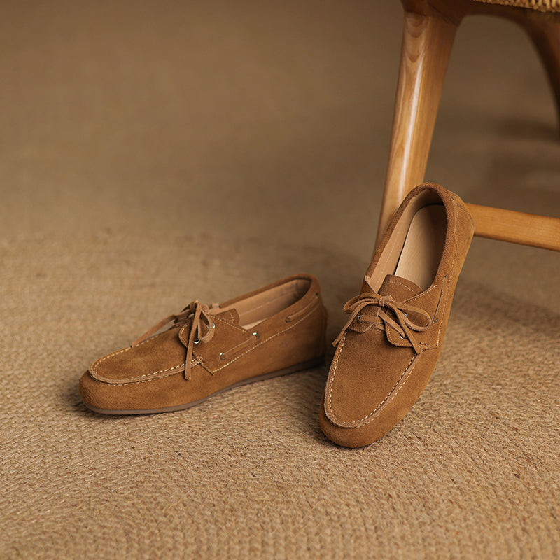 Vintage Leather Lace-Up Loafers Round Toe Flat Oxford Shoes in Light Brown/Deep Brown/Caramel/Apricot