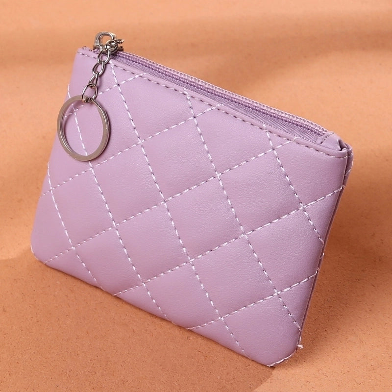Coin Purse Women's Diamond Embroidered PU Short Mini Zipper Small Purse Solid Color Coin Card Storage Bag