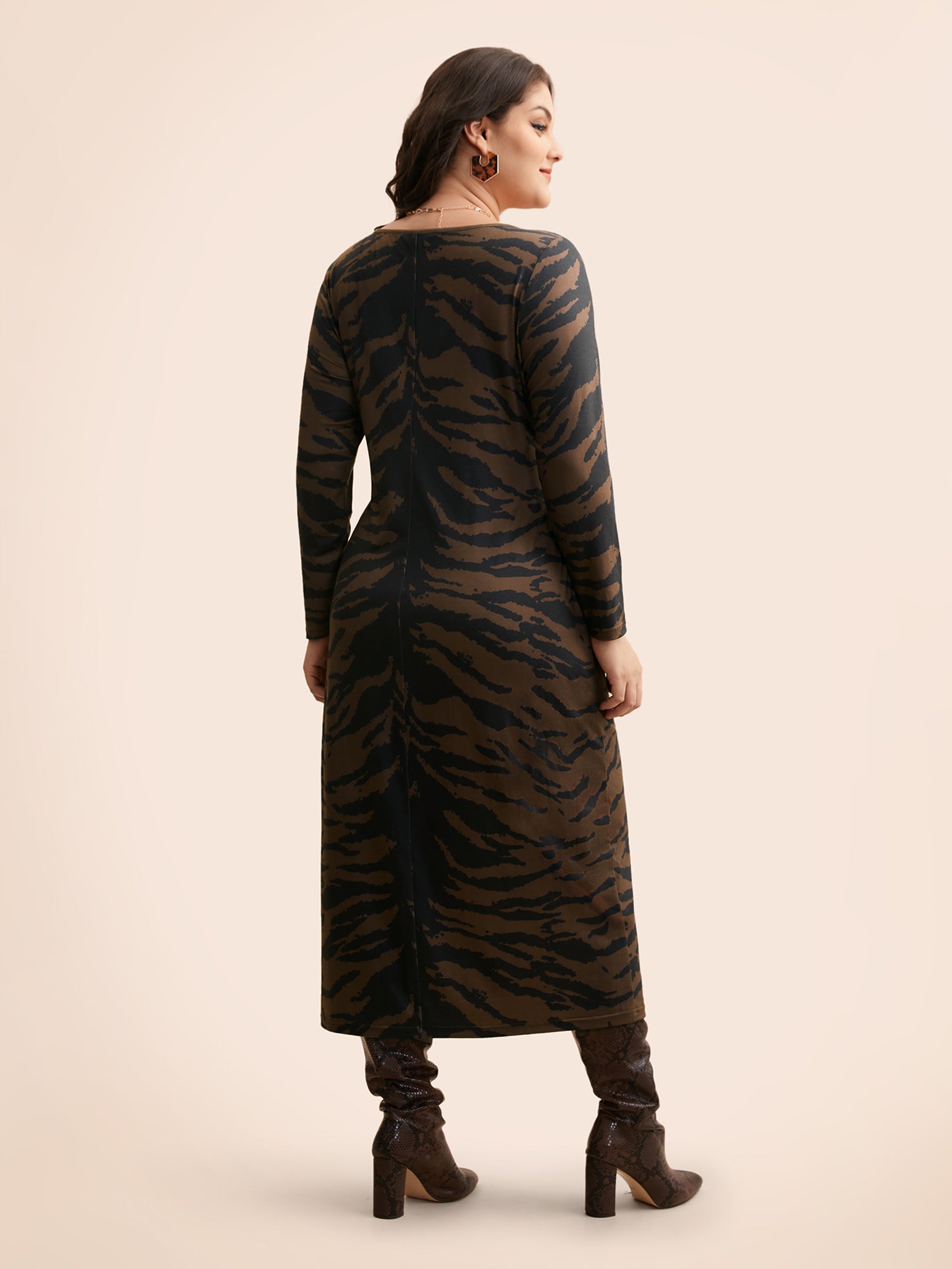 Tiger Print Boat Neck Midi Dress