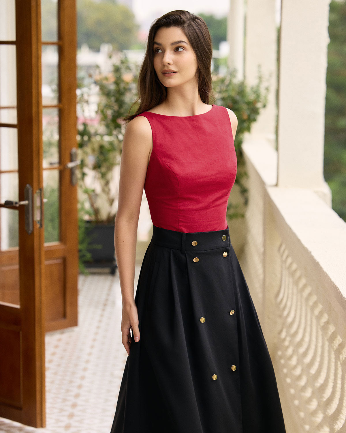 The Black High-waisted Double-breasted Midi Skirt