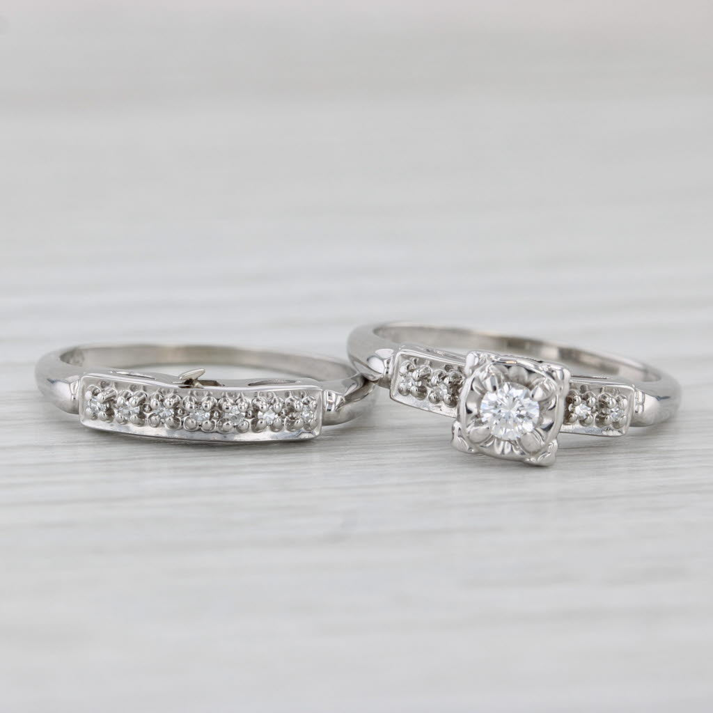 Vintage 0.13ctw Diamond Engagement Ring Wedding Band Set 14k White Gold Size 5.5