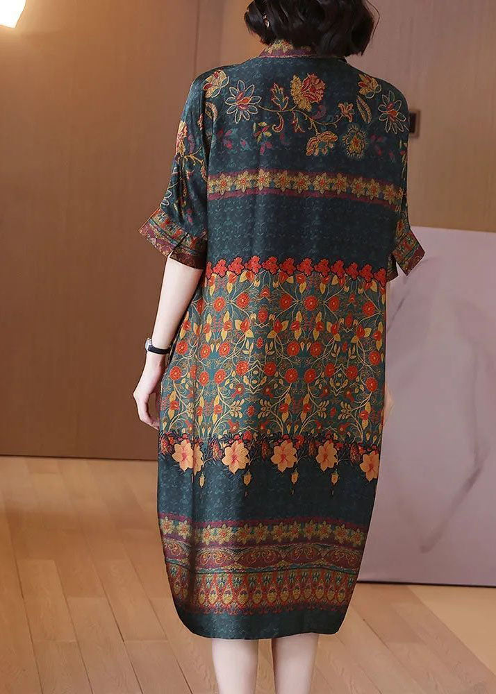 Peter Pan Collar Print Silk Maxi Dresses Summer