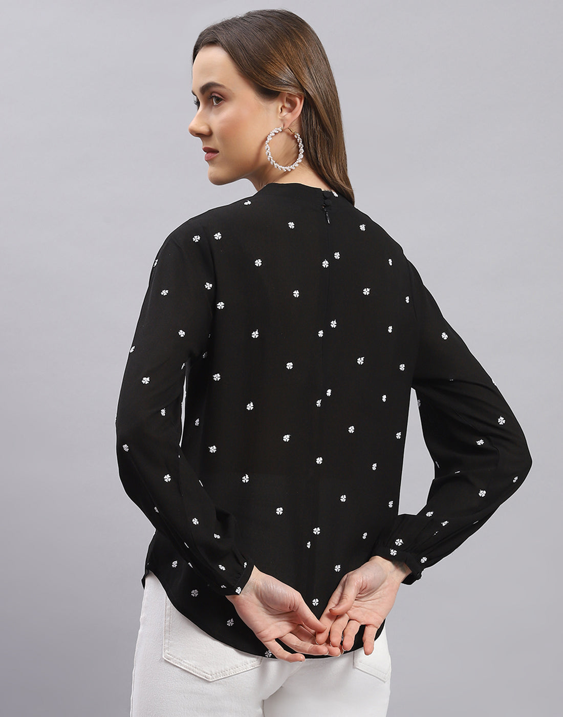 Women Black Embroidered Round Neck Full Sleeve Top