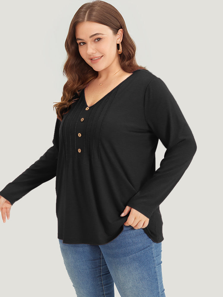 Plain V Neck Line Button Detail T-shirt