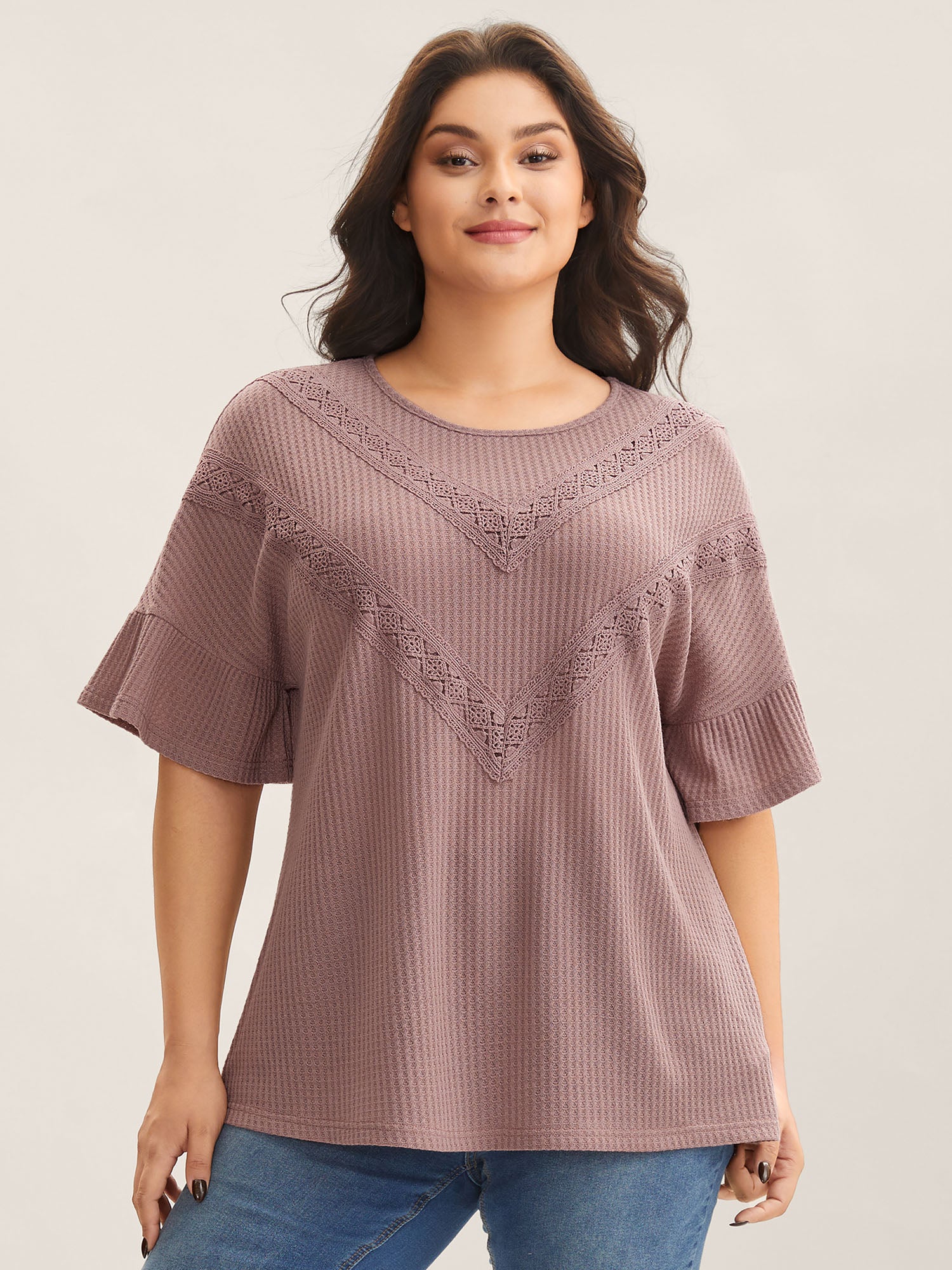 Textured Lace Ruffled Sleeve T-Shirt