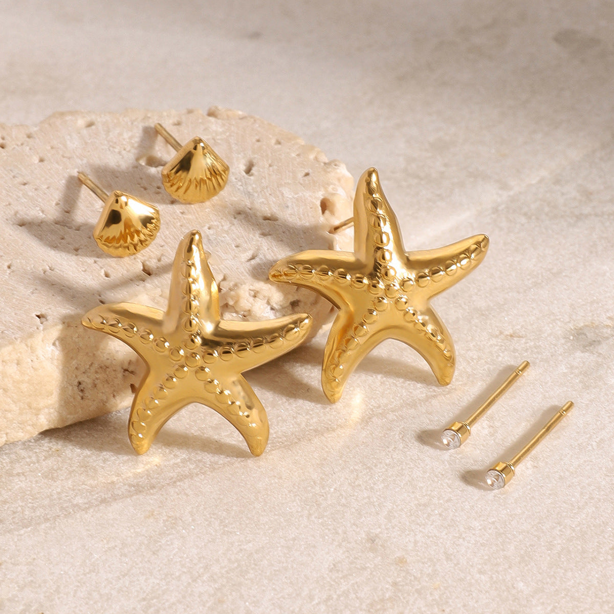 Three Pairs Of Stainless Steel Starfish Earrings Shell Earrings Titanium Steel Earrings