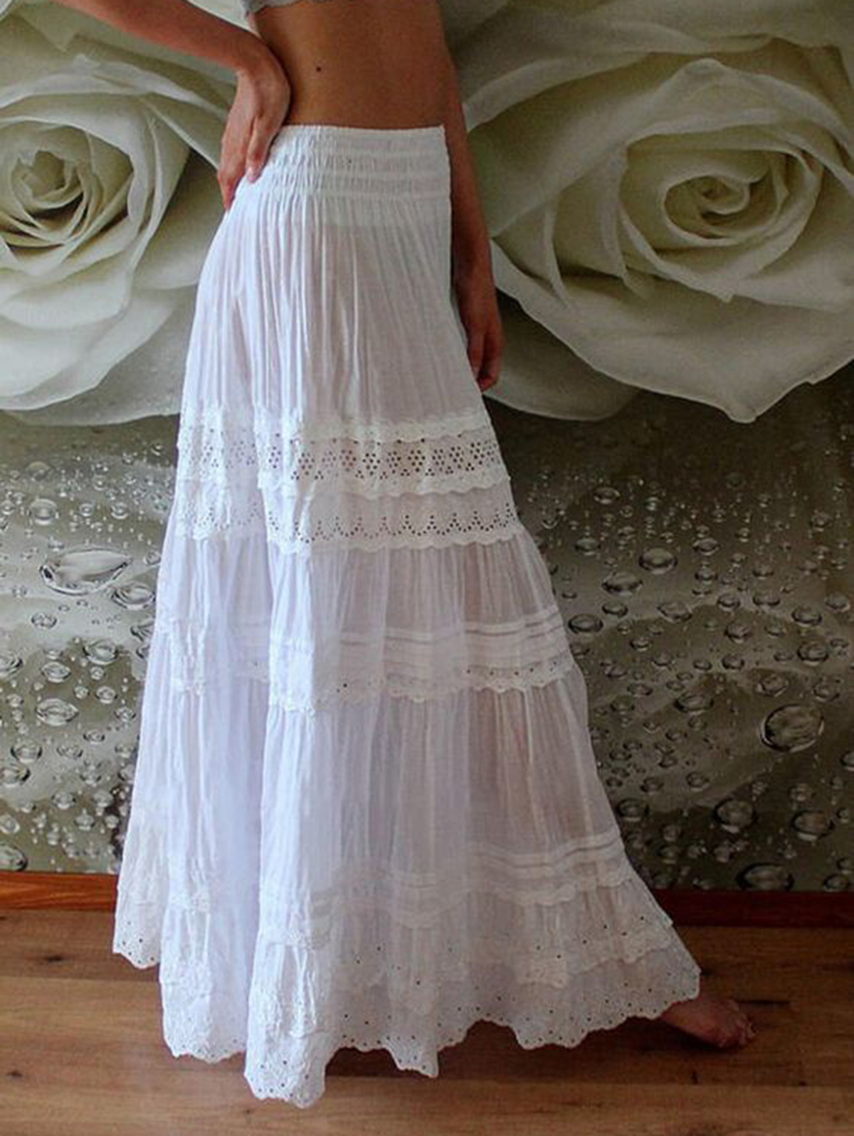 Elegant Guipure Lace Patchwork Elastic Waist Maxi Skirt