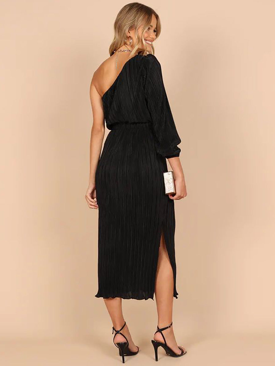 One-Shoulder Slash Neck Solid Color Party Dress(3 Colors)