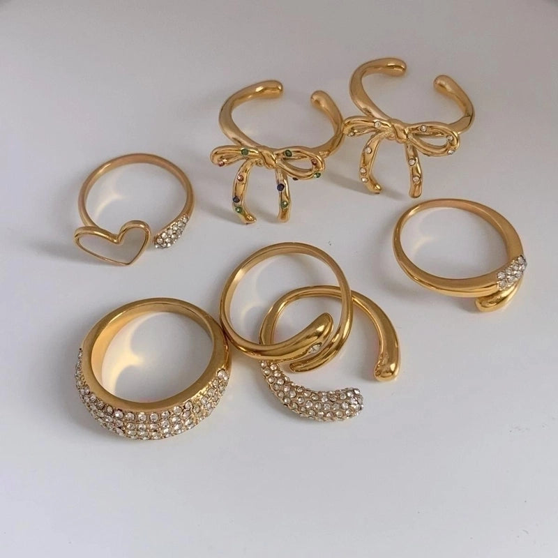 Casual Modern Style Heart Shape Bow Knot 316 Stainless Steel  Shell Diamond 16K Gold Plated White Gold Plated Gold Plated Inlay Stainless Steel Rings