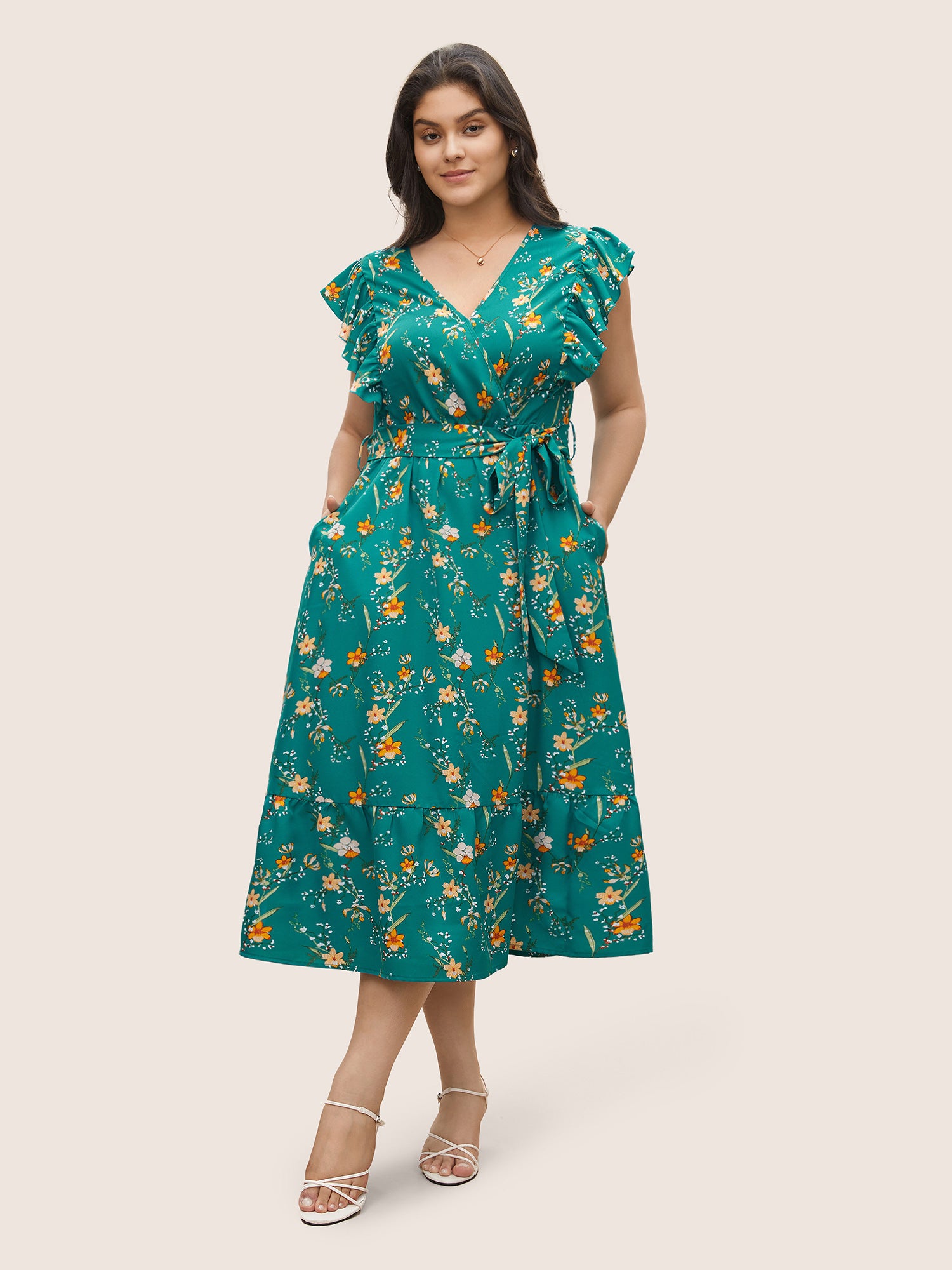 Ditsy Floral Flutter Trim Pocket Layered Hem Dress