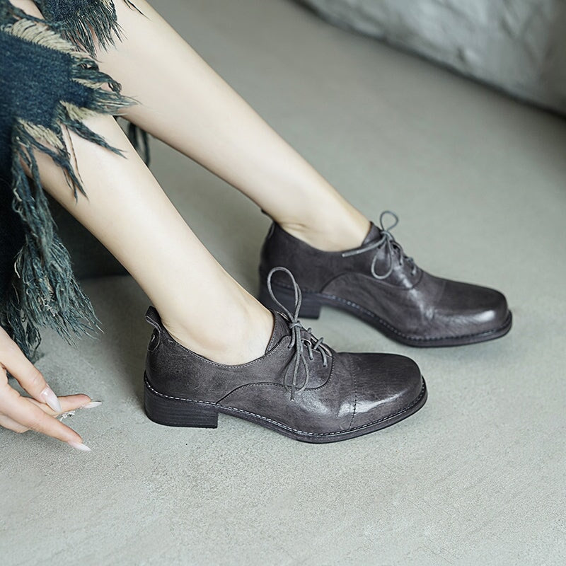 Vintage Lace-Up Derby Oxford Shoes Block Heel Leather Casual Footwear in Black/Green/Grey (better suited for thin feet)