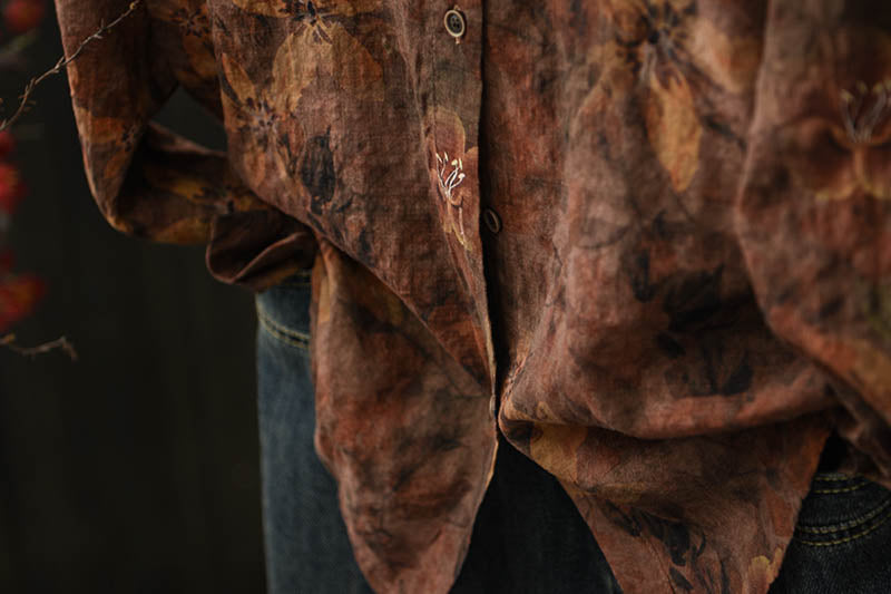 Women Spring Flower Turn-down Collar Shirt