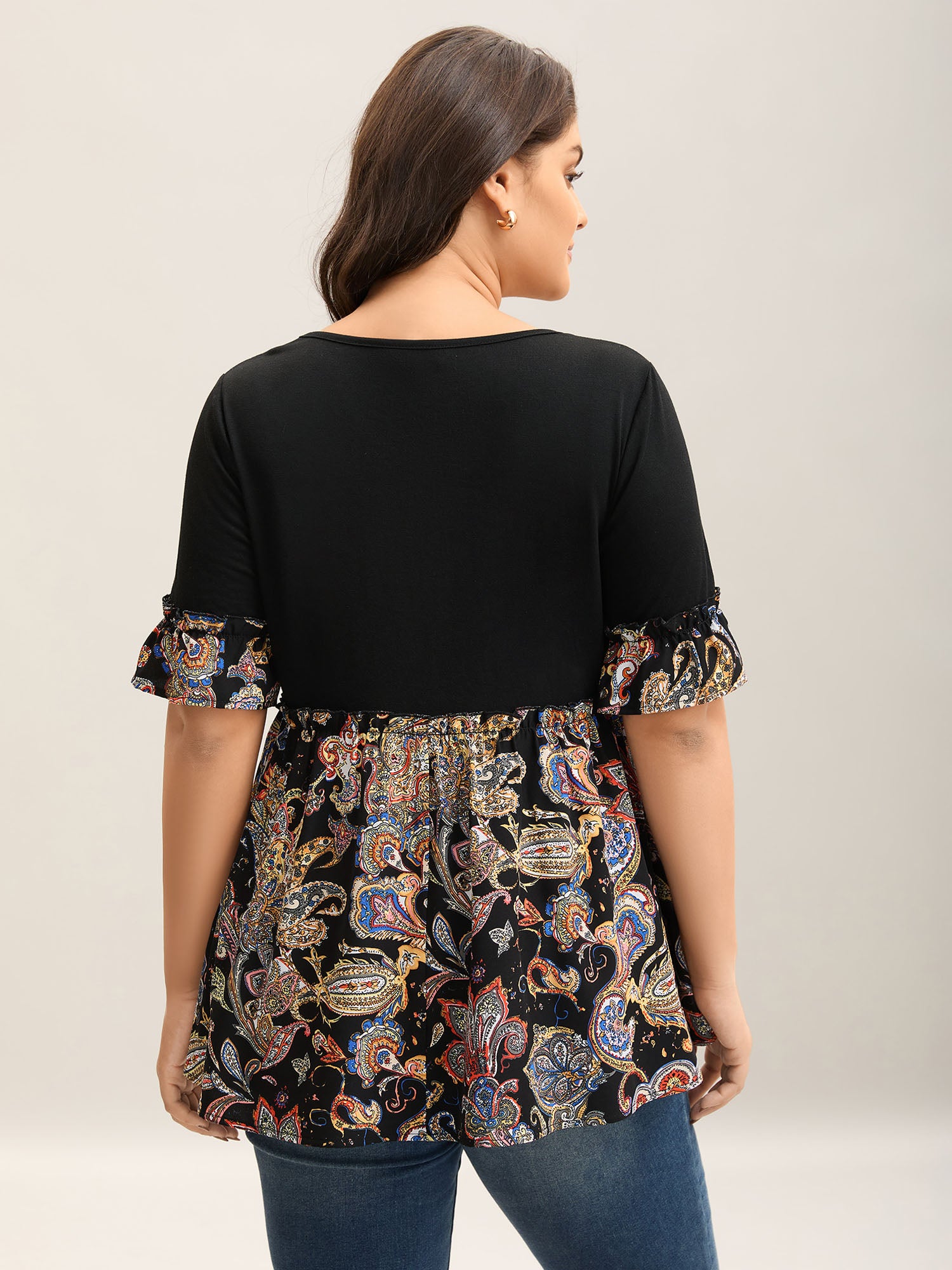 Floral Print Spliced V-Neck Knit Top