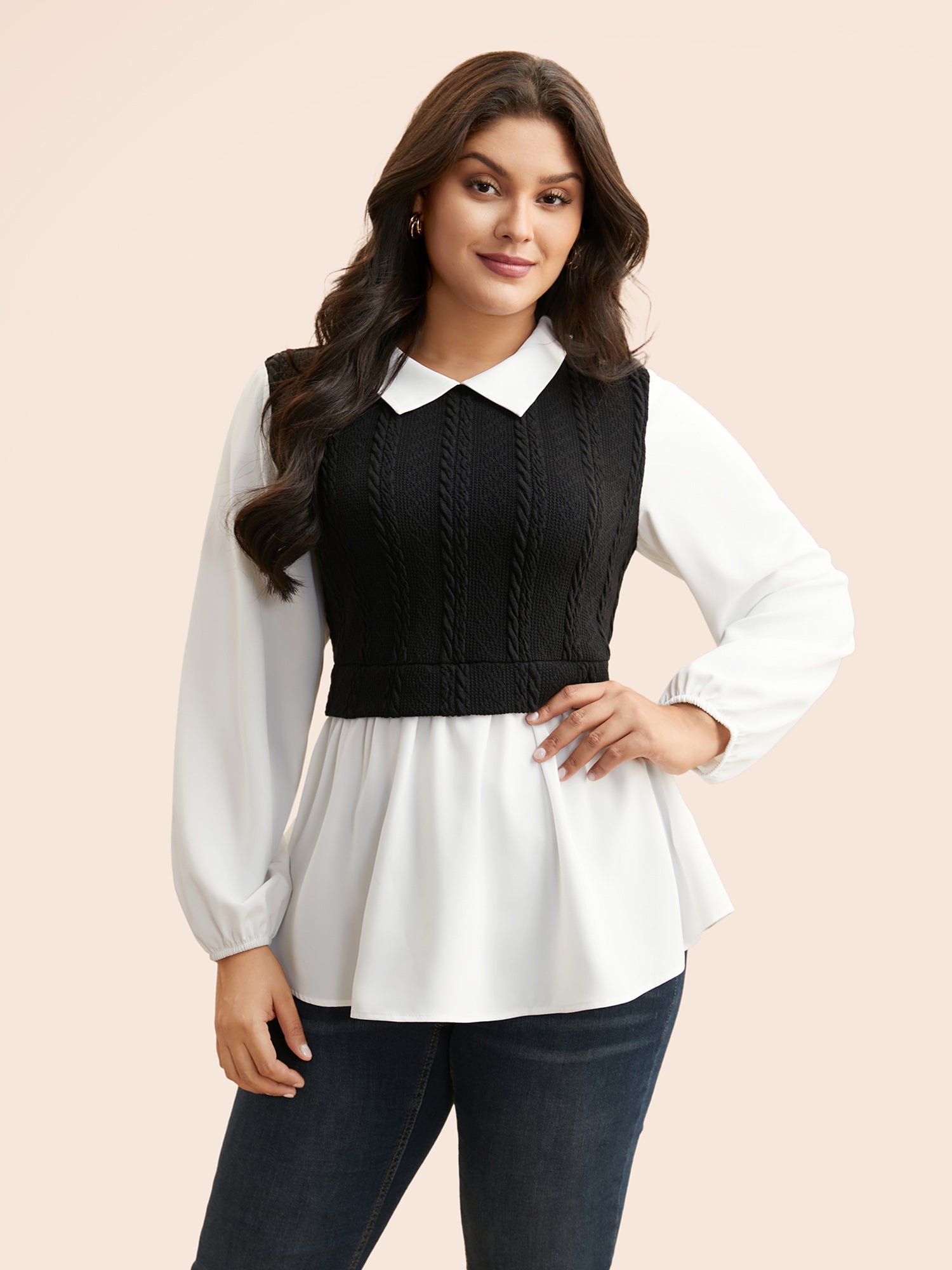 Peter Pan Collar Patchwork Contrast Blouse