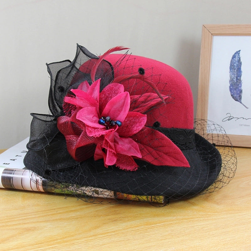 Wool Hat Women's Autumn And Winter  Vintage Basin Hat Hepburn Mesh Flower Curled Top Hat