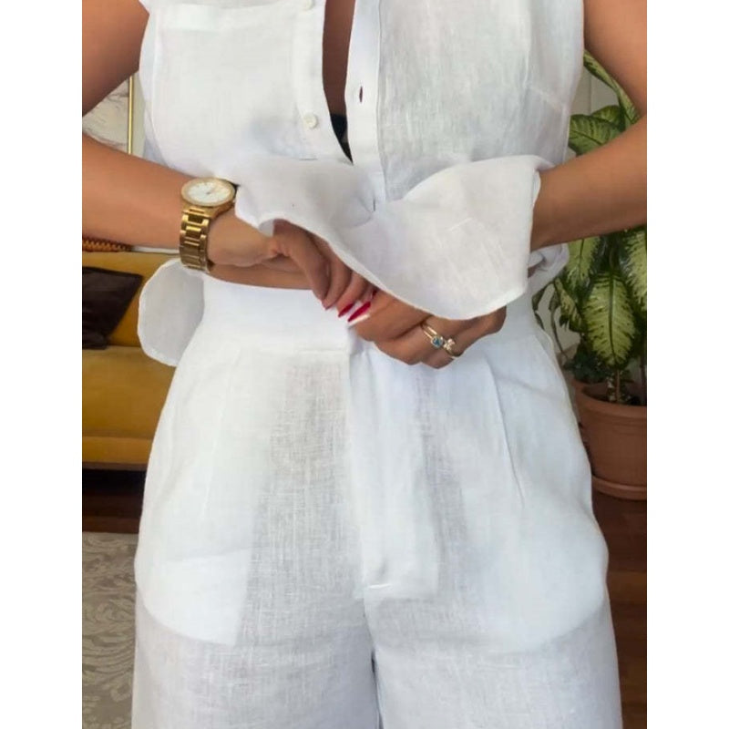 CASUAL SOLID COLOR COTTON AND LINEN PANTS TWO-PIECE SET