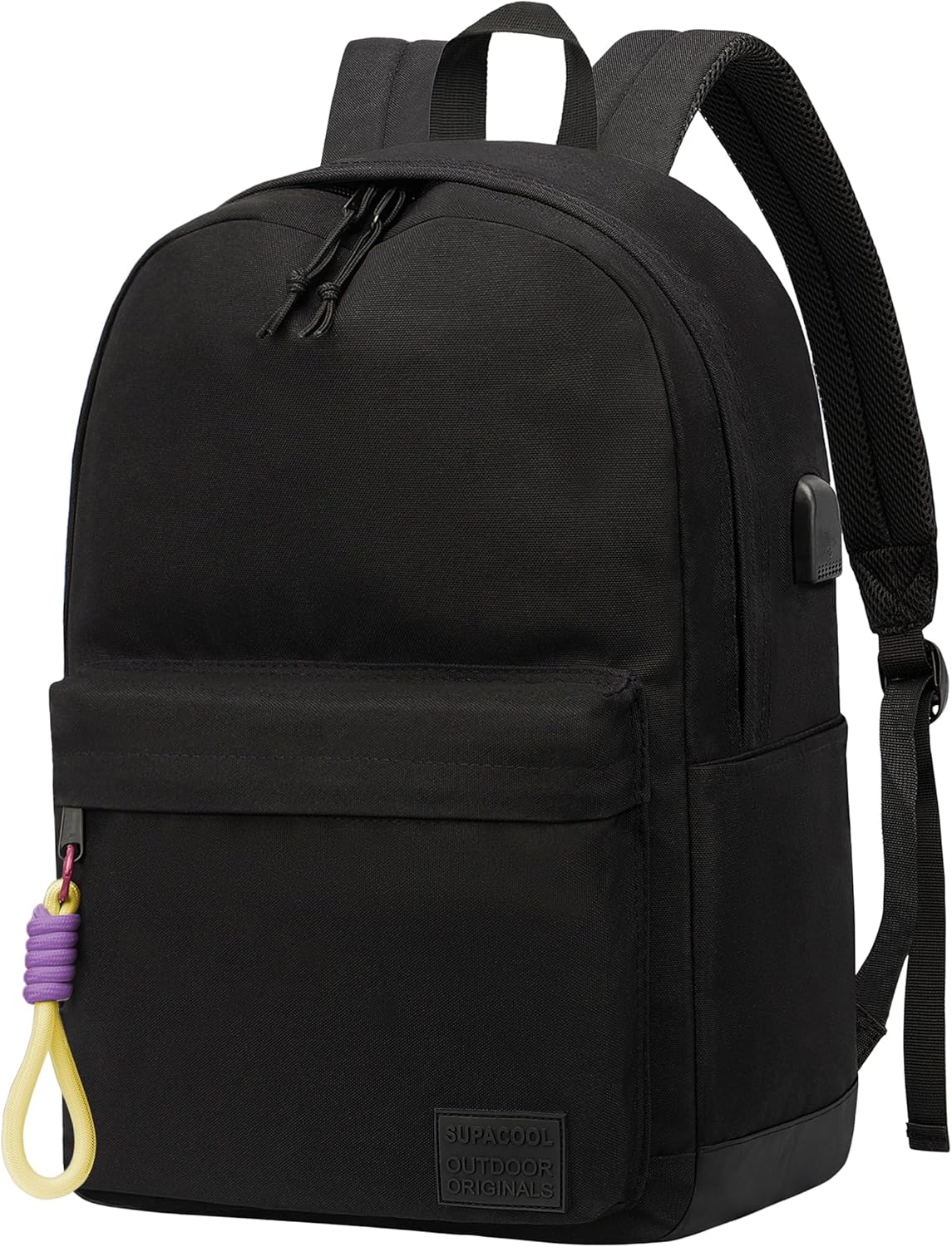 SUPACOOL Casual Laptop Backpack for Men and Women, School Backpack for Boys and Girls, College Bookbag, USB Charging Port, Lightweight Back Pack(Black)