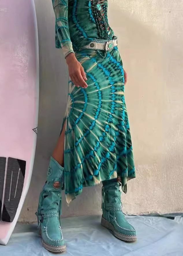 Green Print Side Open High Waist Cotton Skirts Fall