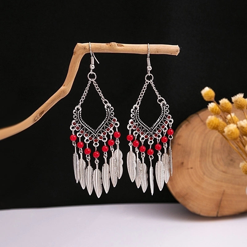 Bohemian Blue Turquoise National Style Earrings Imitation Miao Silver Metal Earrings Vintage Tassel Earrings