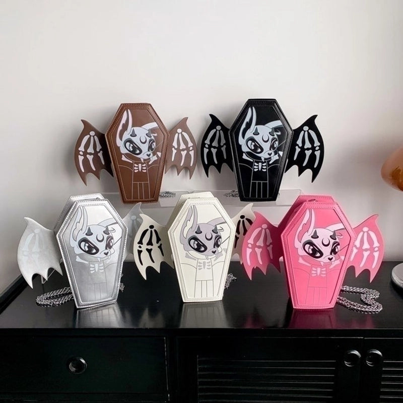 Halloween Women's Small Pu Leather Cartoon Bat Punk Zipper Square Bag