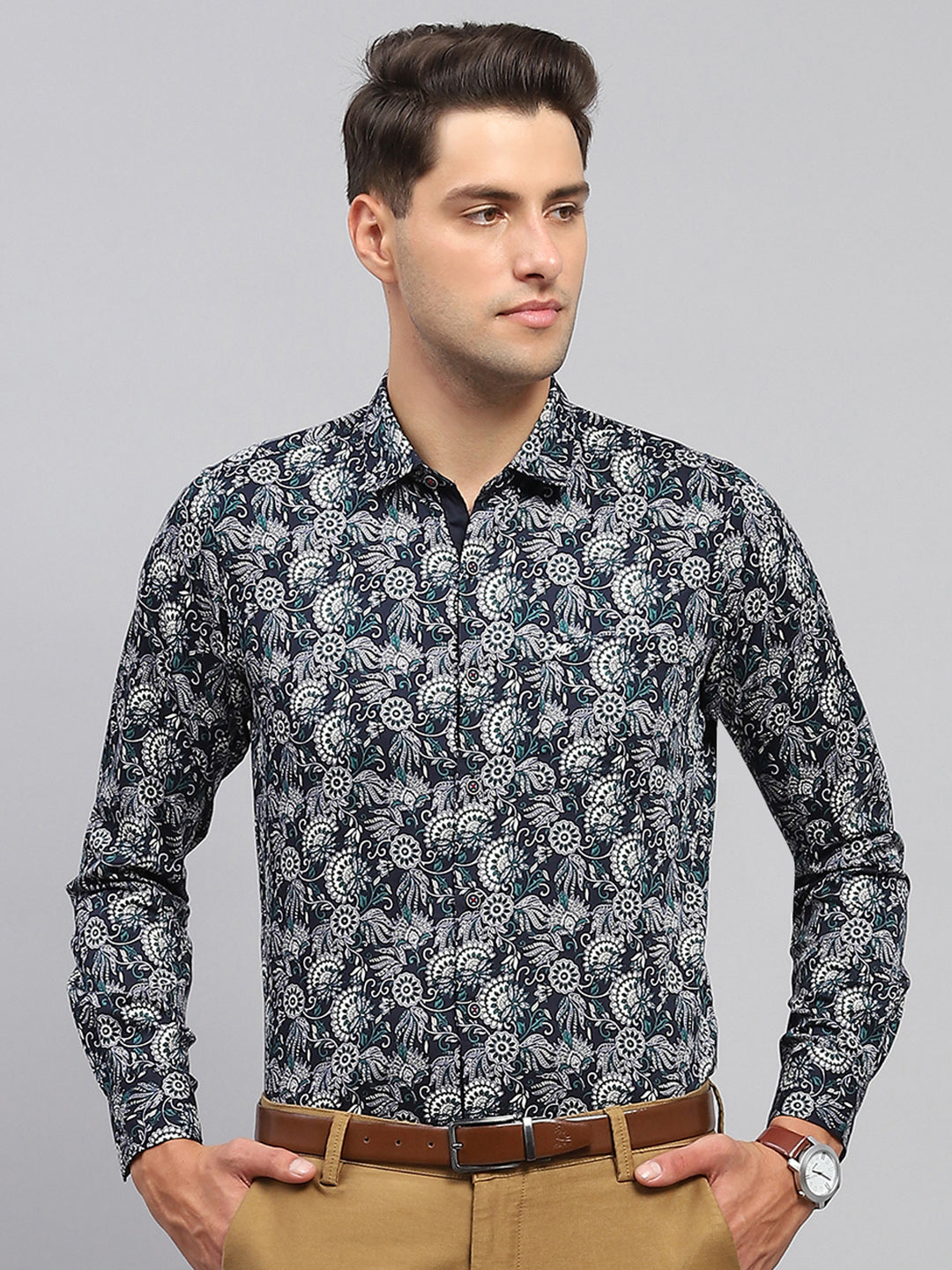 Men Blue Printed Spread Collar Full Sleeve Shirt