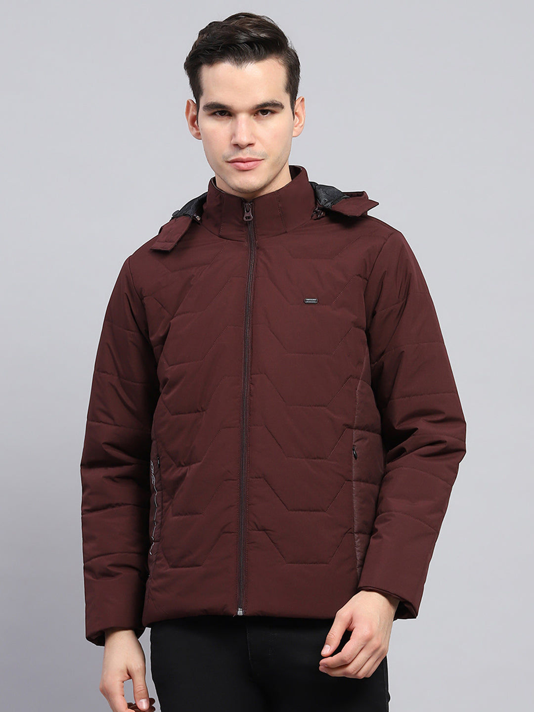 Men Maroon Solid Detachable Hood Full Sleeve Jacket