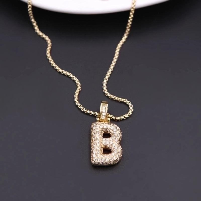 Copper Minimalist Shiny Plating Hollow Out Inlay Letter Zircon Pendant Necklace