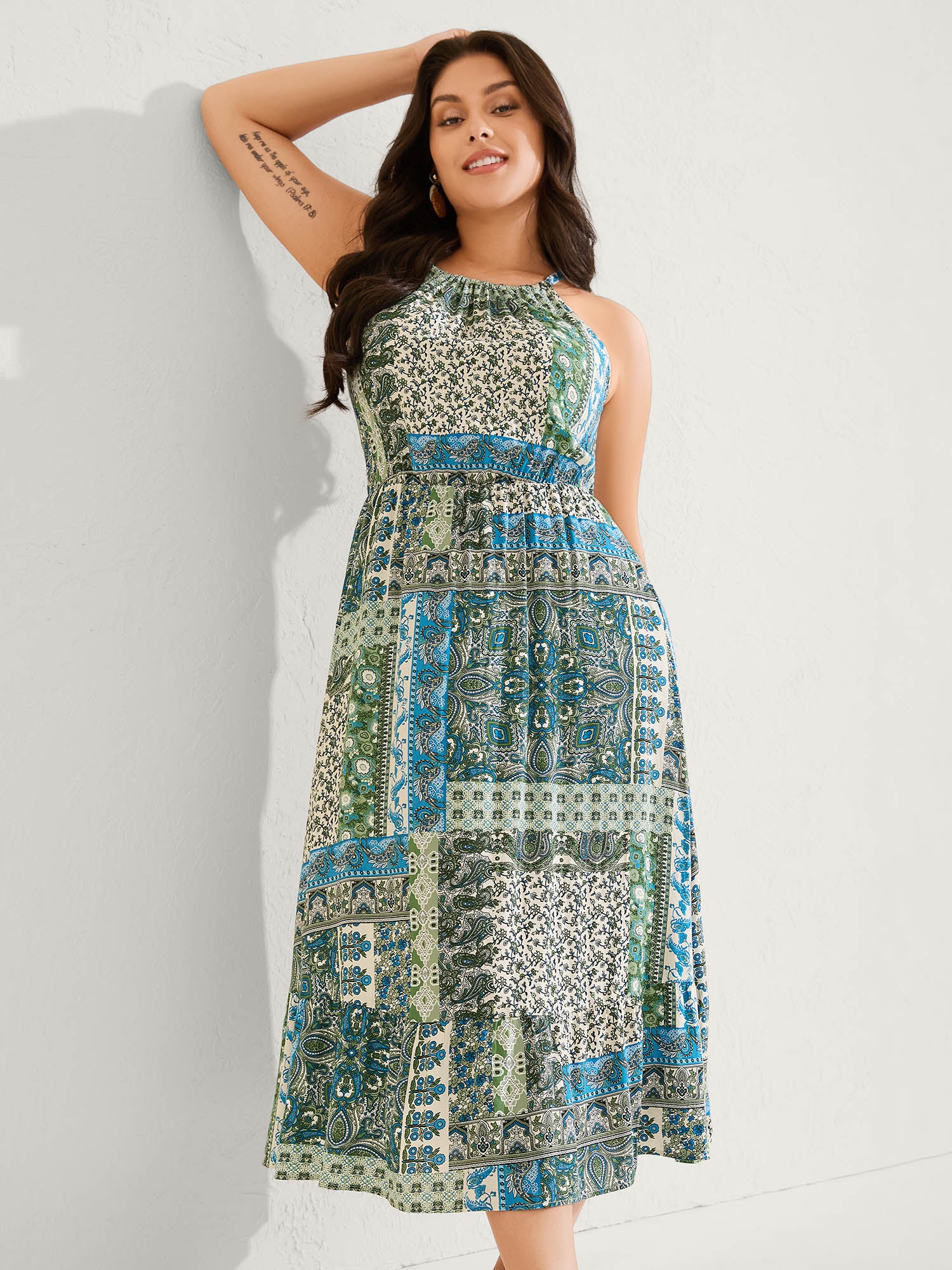 Boho Print Halter Neck Pockets Midi Dress