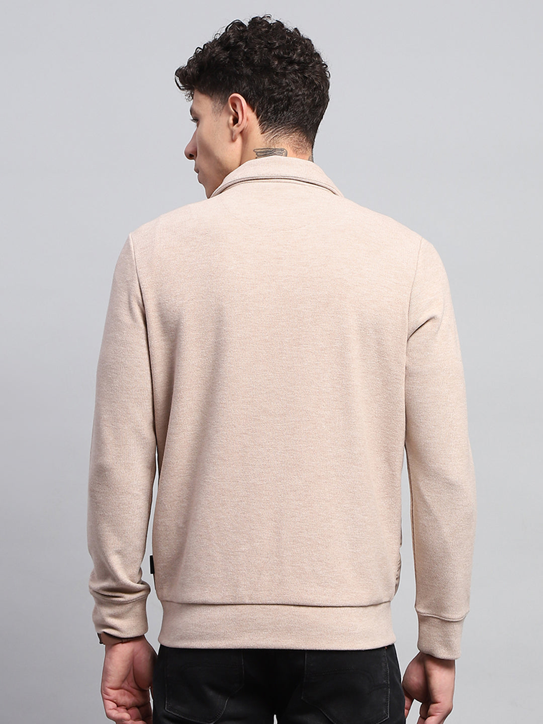 Men Beige Solid Collar Full Sleeve Jacket