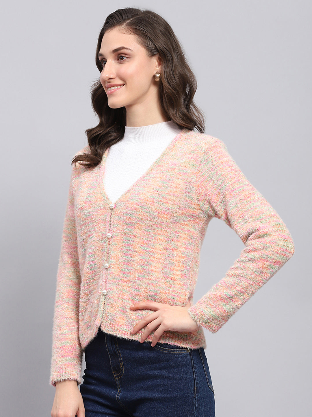 Women Pink Self Design V Neck Full Sleeve Cardigan